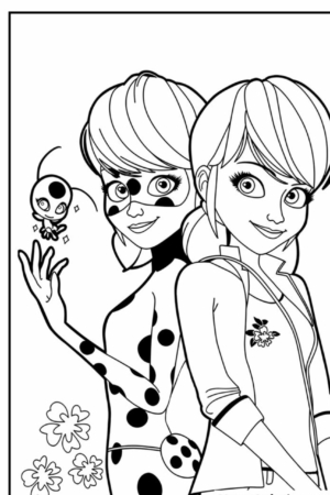 Duas personagens femininas de desenho animado estão de costas uma para a outra, uma vestida de Lady Bug com uma fantasia de bolinhas e uma máscara, a outra com roupa casual, perfeita para qualquer atividade de Desenhos para Colorir. Para colorir.