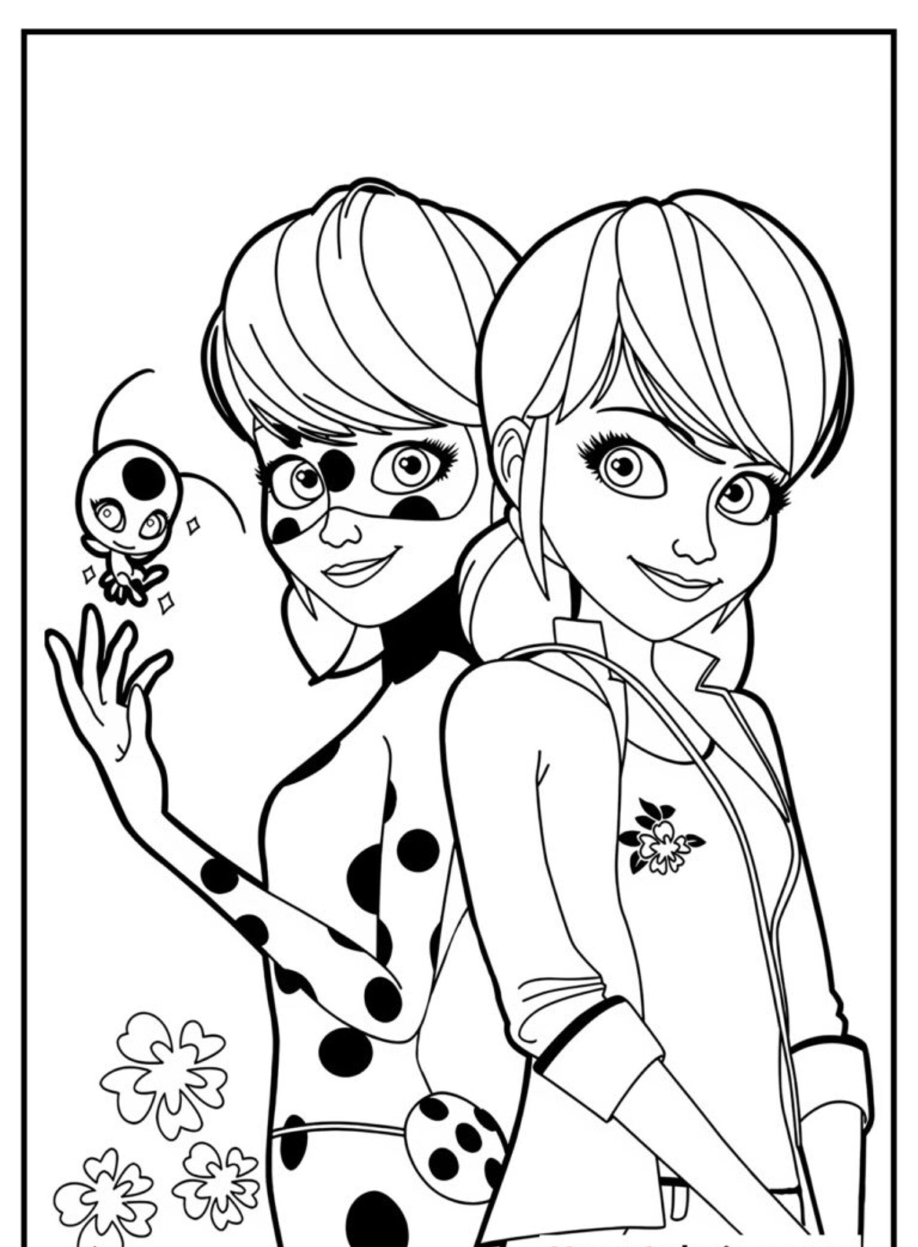 Duas personagens femininas de desenho animado estão de costas uma para a outra, uma vestida de Lady Bug com uma fantasia de bolinhas e uma máscara, a outra com roupa casual, perfeita para qualquer atividade de Desenhos para Colorir. Para colorir.