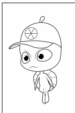 Um desenho animado de um pequeno personagem com olhos grandes, um casco de tartaruga e um boné com uma hélice em cima, perfeito para os amantes de desenhos colorirem. Para colorir.