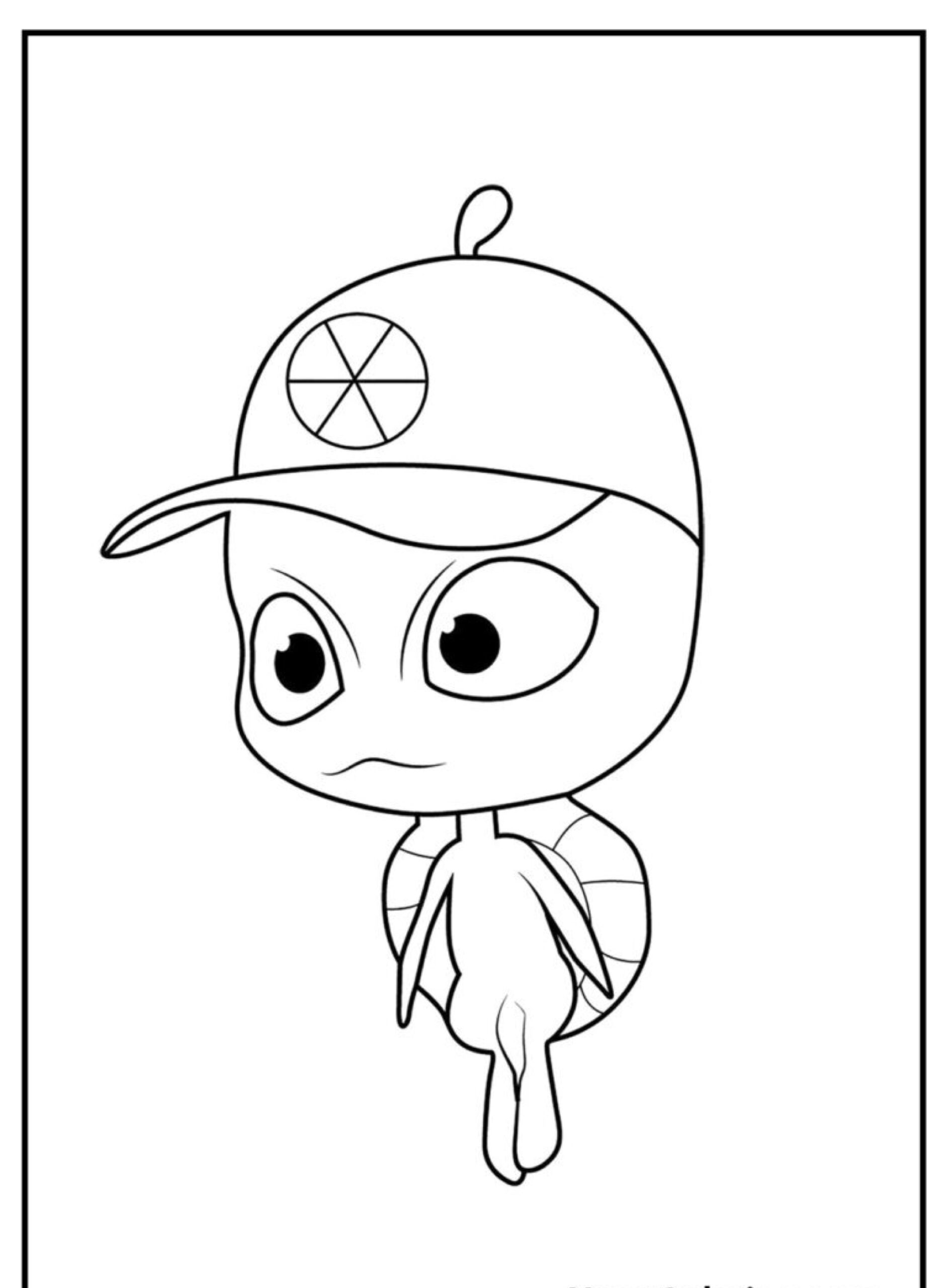 Um desenho animado de um pequeno personagem com olhos grandes, um casco de tartaruga e um boné com uma hélice em cima, perfeito para os amantes de desenhos colorirem. Para colorir.