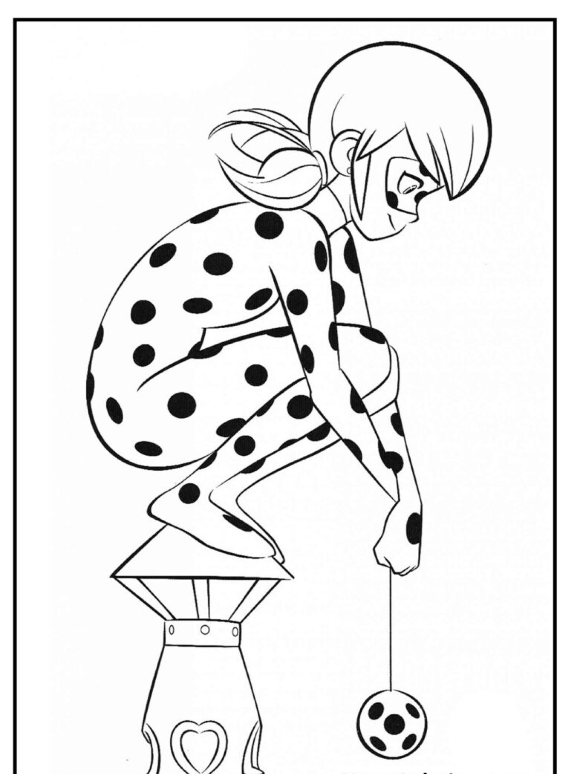 Um personagem de desenho animado em um terno manchado agacha-se em um pedestal, segurando um ioiô com um desenho da Lady Bug na ponta. Para colorir.