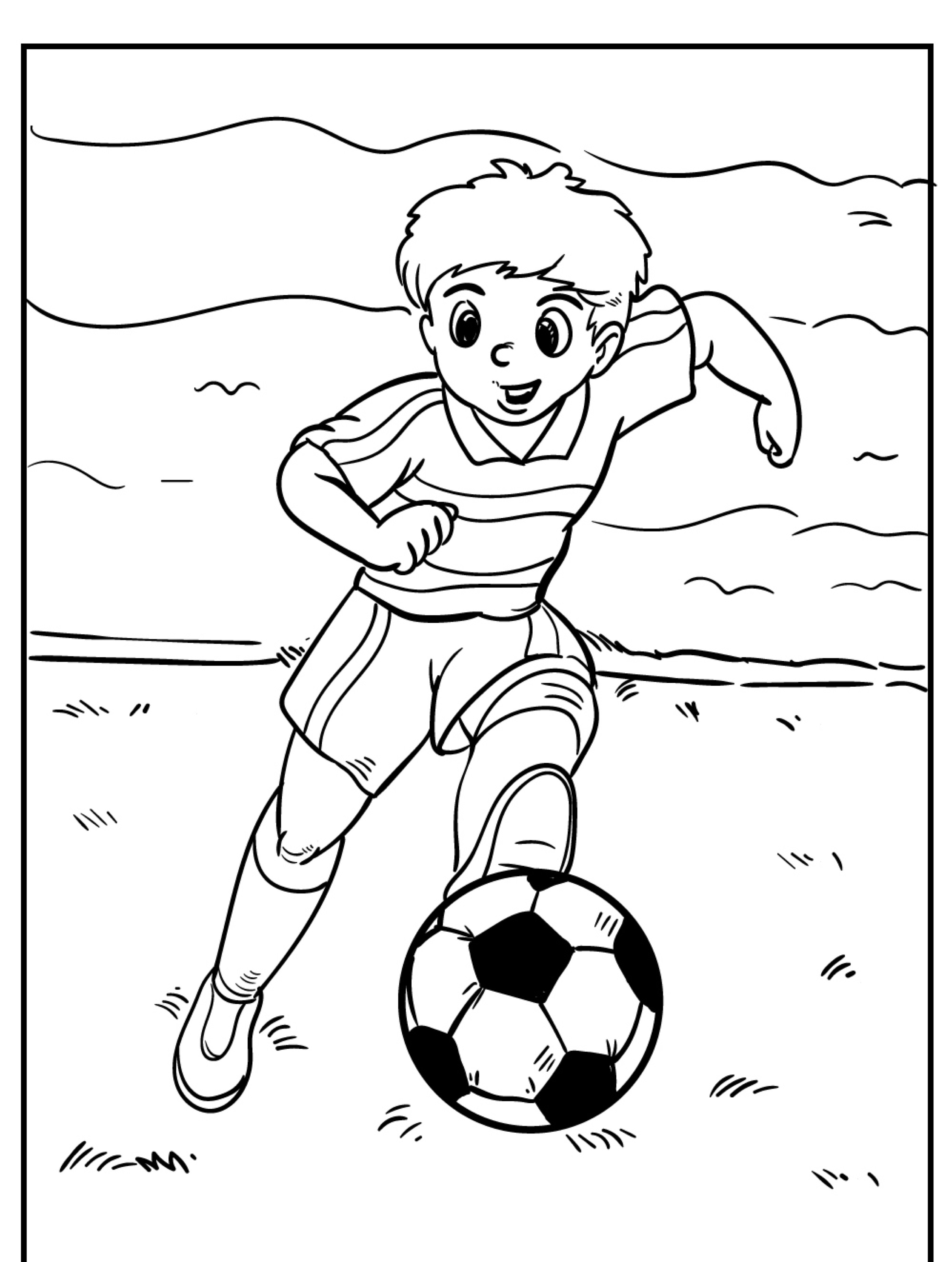 Um garoto jogando futebol, driblando uma bola no campo enquanto veste uma camisa listrada, dá vida a desenhos para meninos que são perfeitos para colorir e imprimir. Para desenhar.