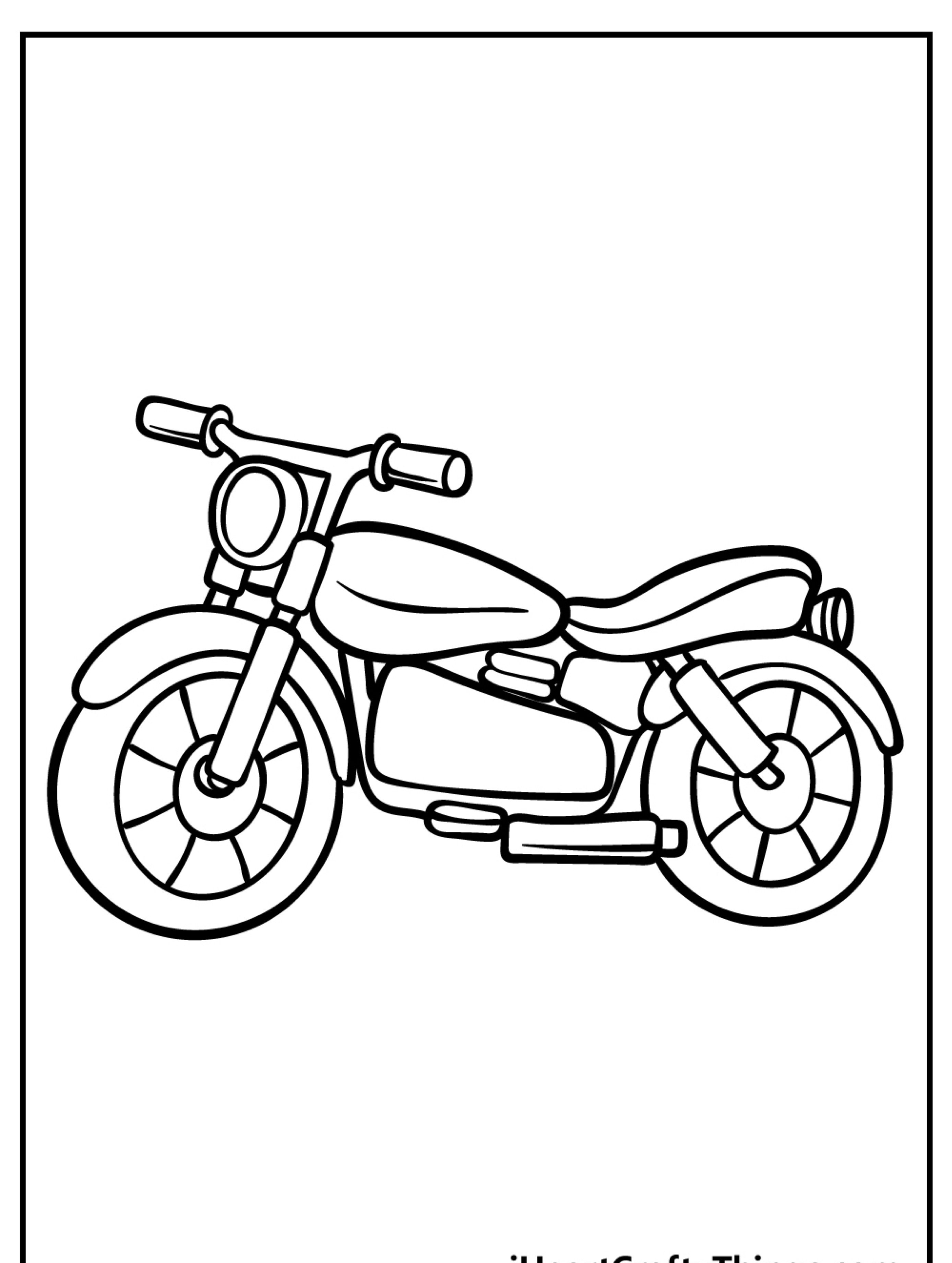 Um contorno em preto e branco de uma motocicleta clássica com um tanque de combustível proeminente, rodas grandes e um assento curvo, ideal para meninos colorirem. Para desenhar.