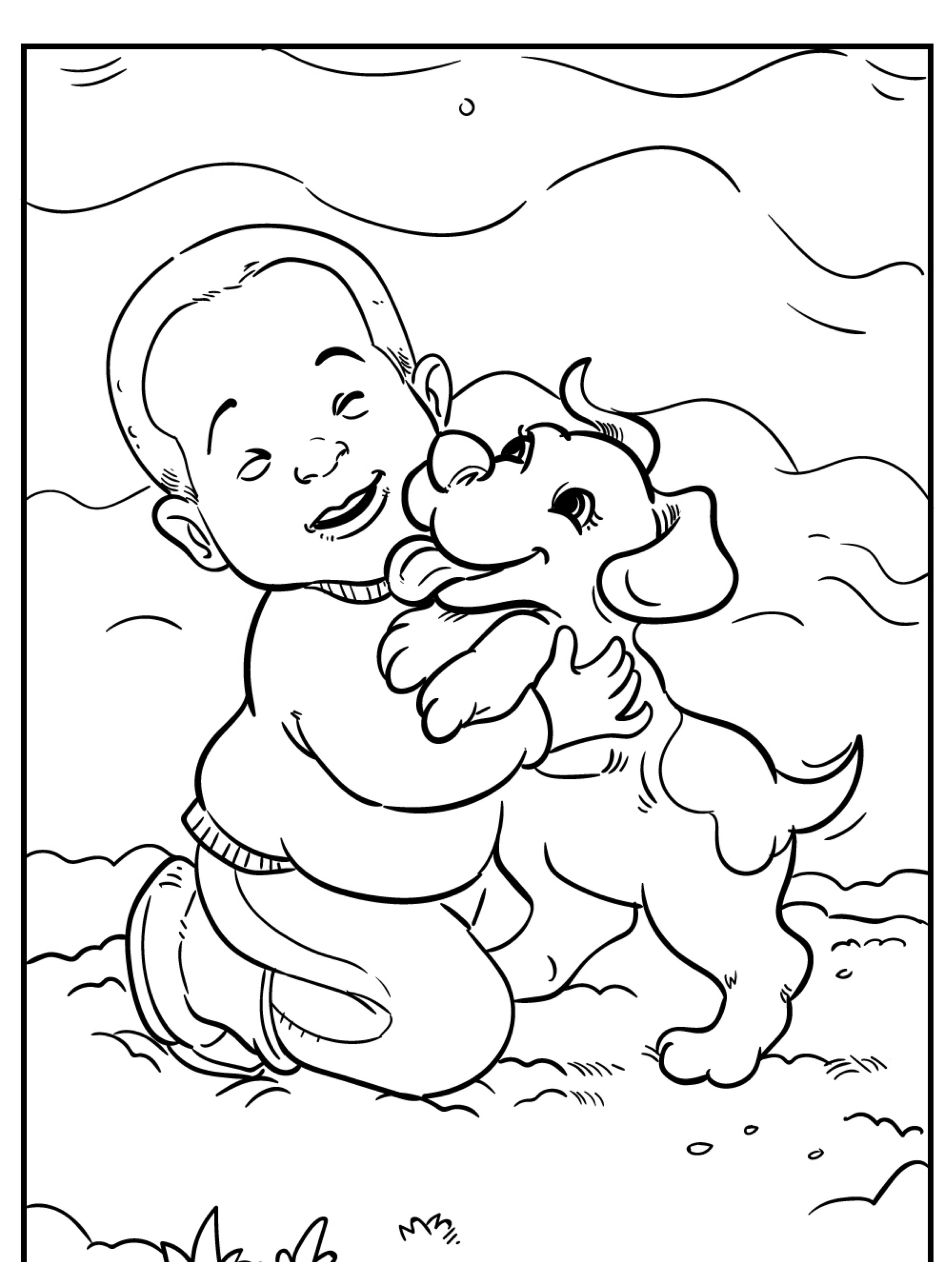 Uma criança com um grande sorriso abraça um cachorro brincalhão ao ar livre sob um céu nublado, retratado em uma ilustração perfeita para colorir e imprimir, ideal para desenhos para meninos. Para desenhar.