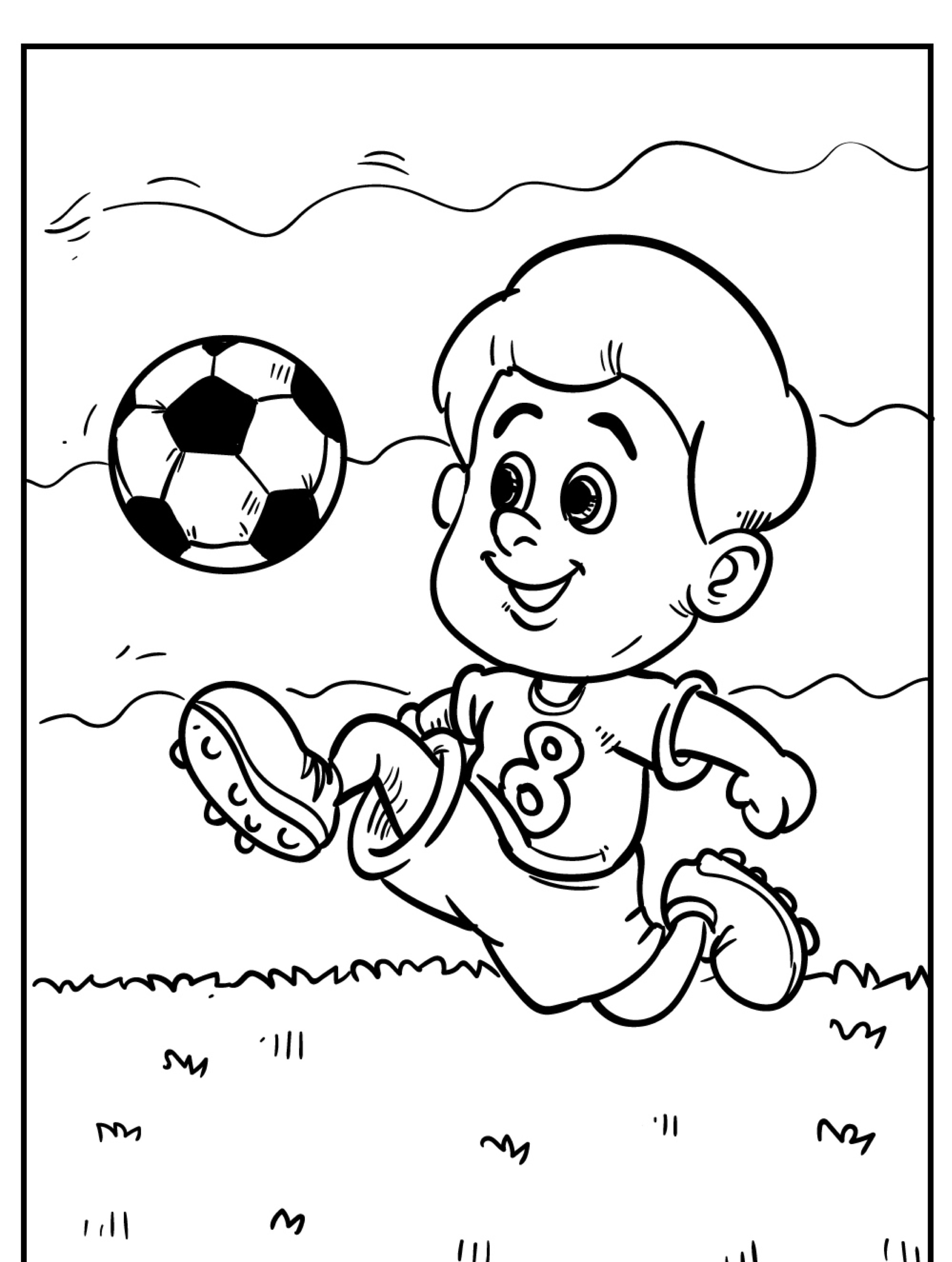 Uma criança com um grande sorriso chuta uma bola de futebol em um campo de grama. A criança está vestindo uma camisa com o número 8, lembrando um daqueles meninos alegres do desenho ao colorir. Para desenhar.