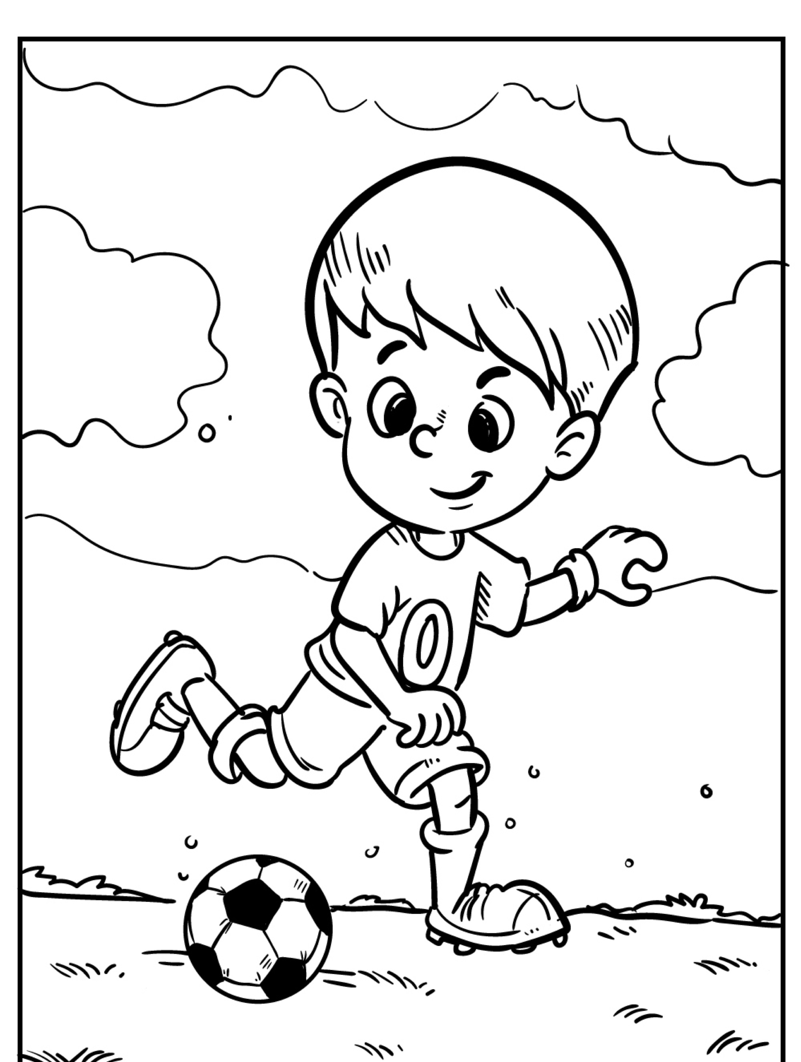 Um menino chuta alegremente uma bola de futebol ao ar livre, com um céu ensolarado e nuvens ao fundo, exatamente como aqueles desenhos que os meninos adoram colorir. Para desenhar.