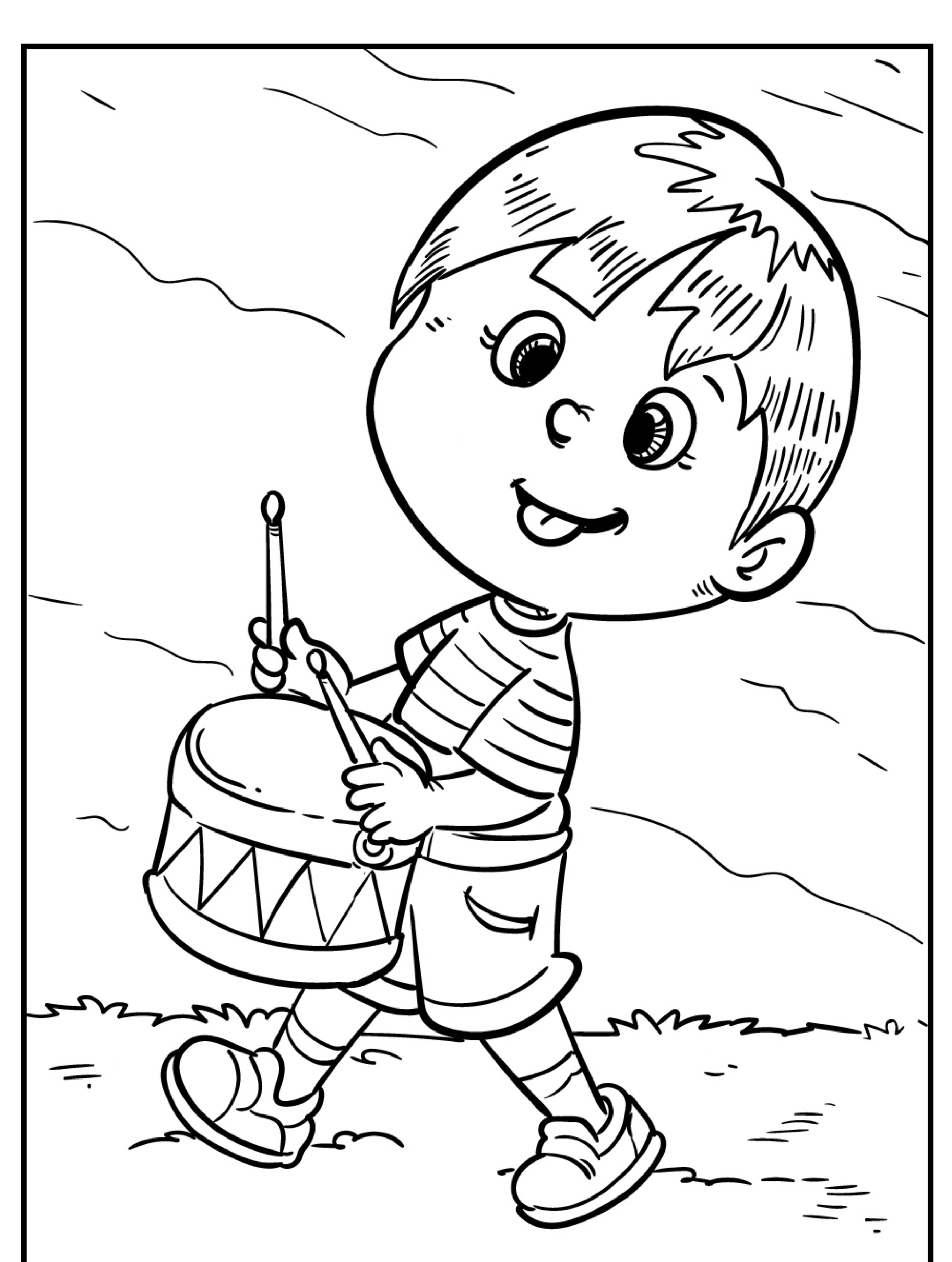 Uma criança toca alegremente um tambor enquanto caminha, vestindo roupas listradas e tênis, lembrando os desenhos meninos ávidos por colorir seu mundo com música. Para desenhar.