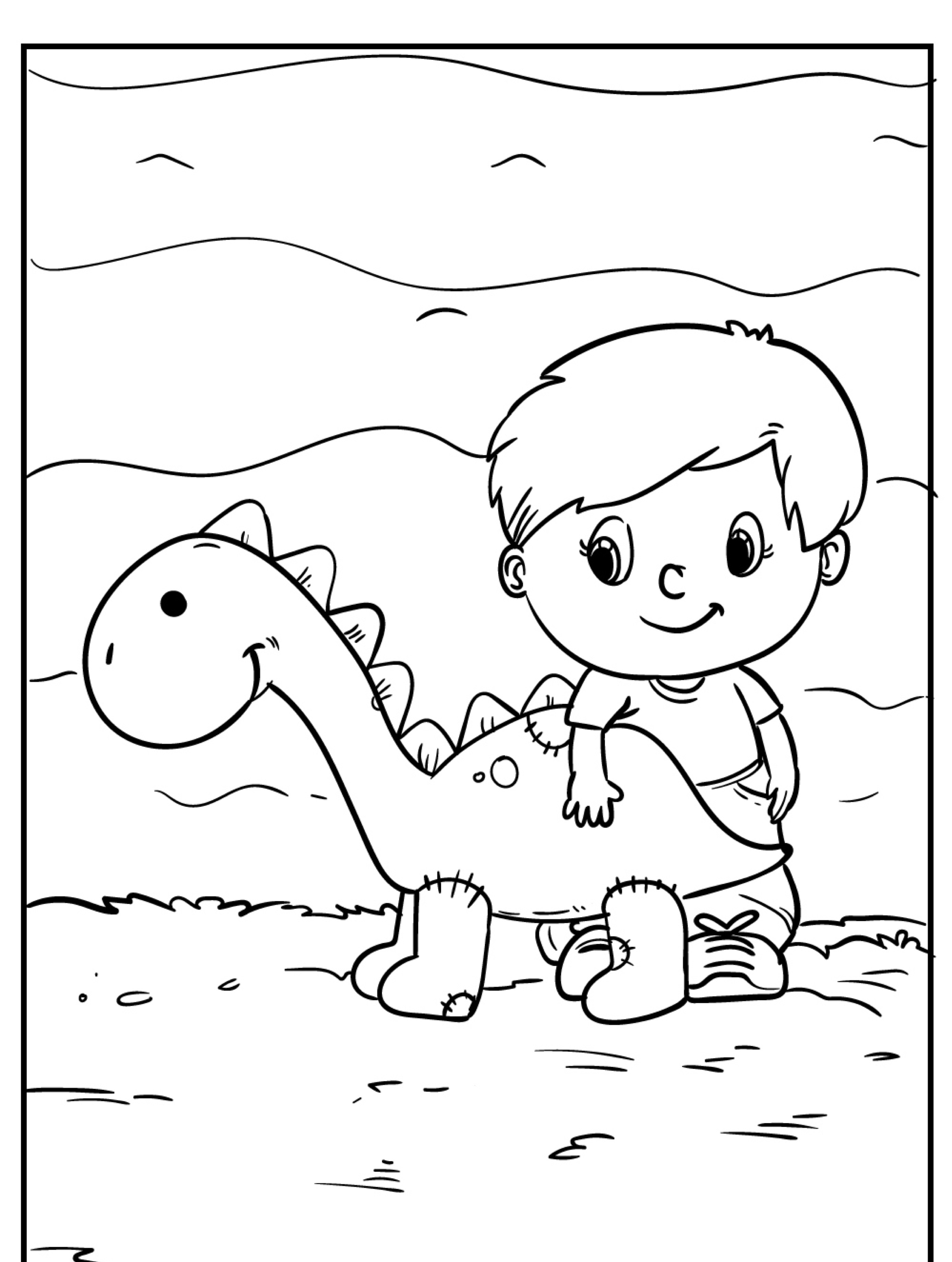 Uma criança sentada abraçando um grande e simpático dinossauro de brinquedo ao ar livre, com um fundo simples de grama e colinas, pronta para colorir e imprimir desenhos para meninos. Para desenhar.