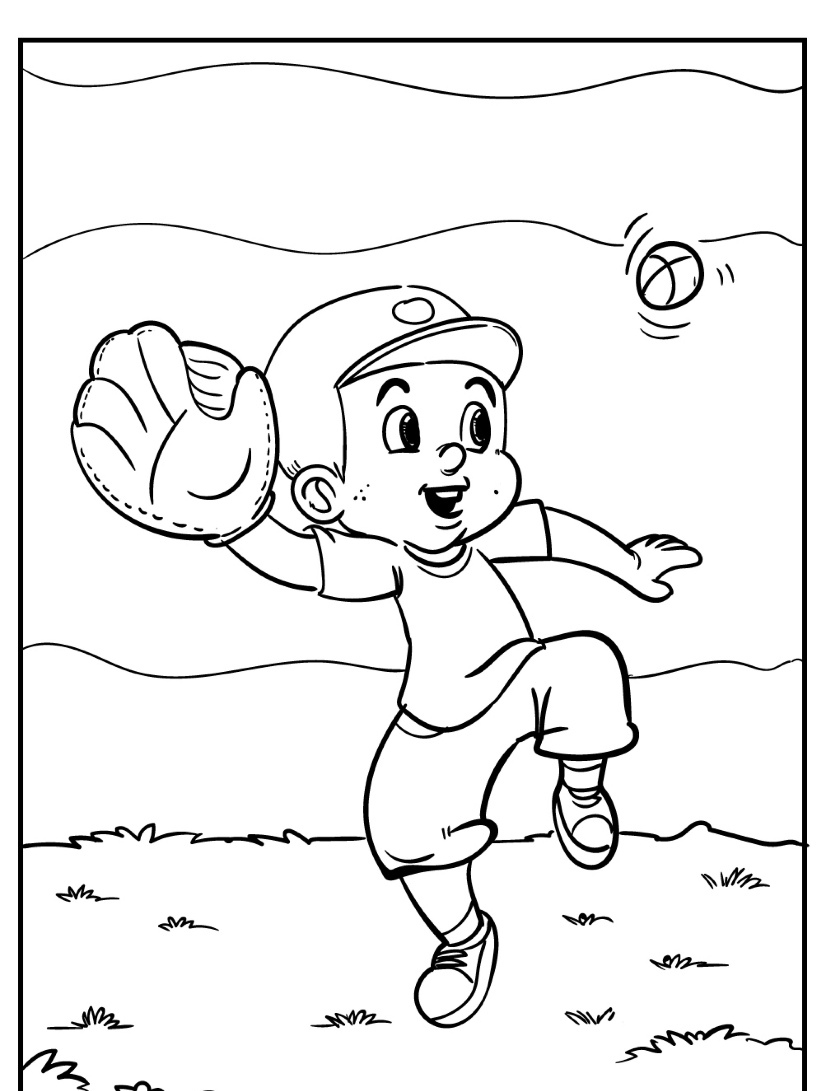 Uma criança alegremente pegando uma bola de beisebol com uma luva ao ar livre, no meio de um salto, com um campo gramado e colinas ao fundo; perfeito para colorir desenhos para meninos. Para desenhar.