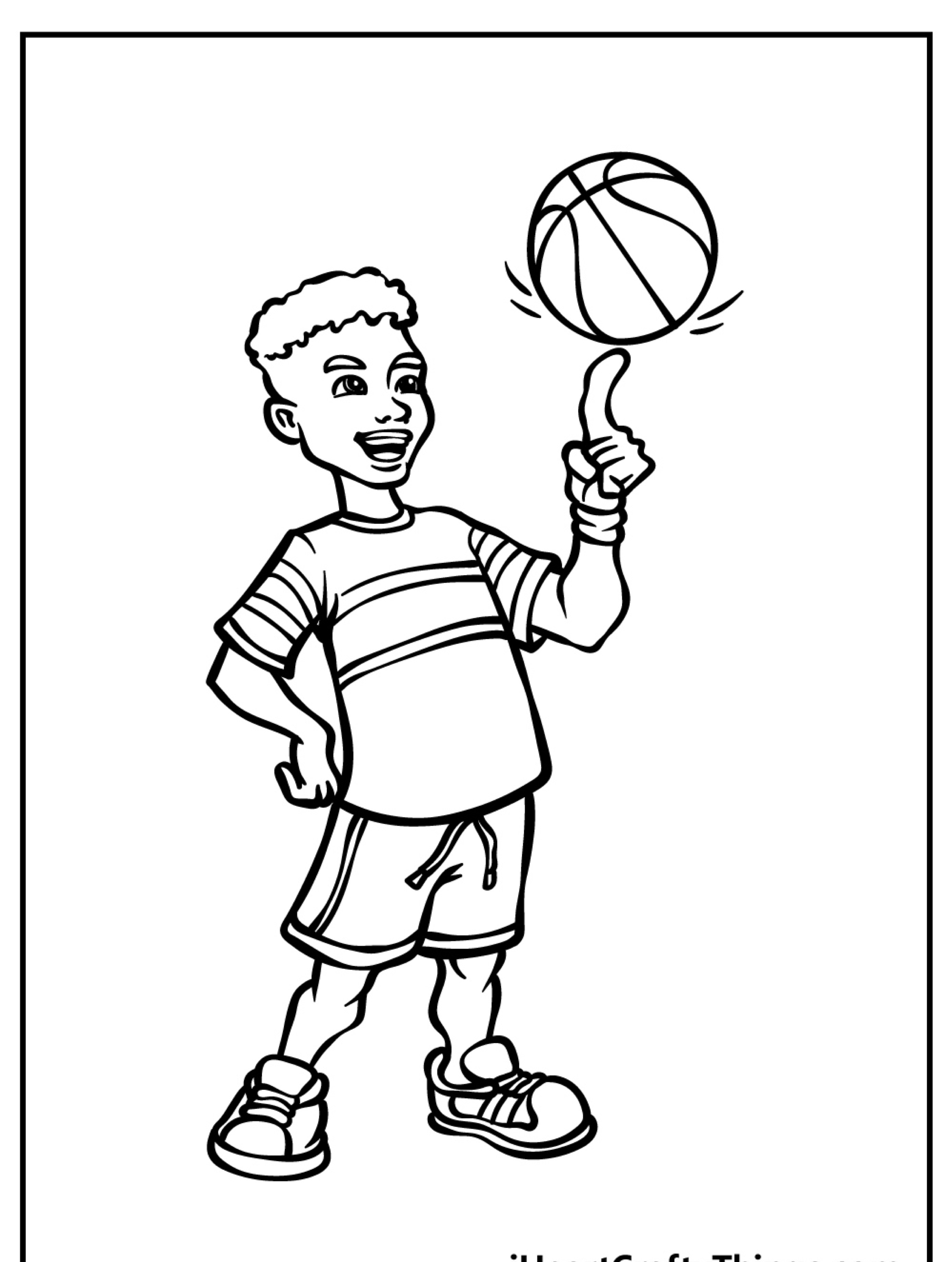 Um menino girando uma bola de basquete no dedo enquanto sorri, perfeito para desenhos de meninos para colorir. Para desenhar.