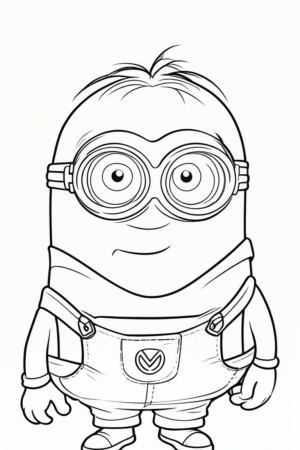 Desenho em preto e branco de um Minion usando óculos de proteção e macacão, parado e olhando para frente, perfeito Para Colorir. Para colorir.