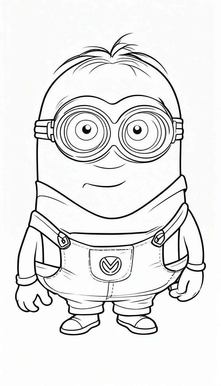 Desenho em preto e branco de um Minion usando óculos de proteção e macacão, parado e olhando para frente, perfeito Para Colorir. Para colorir.