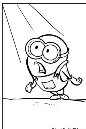 Um minion de desenho animado parecendo surpreso sob um feixe de luz, em um desenho em preto e branco, perfeito para colorir. Para colorir.