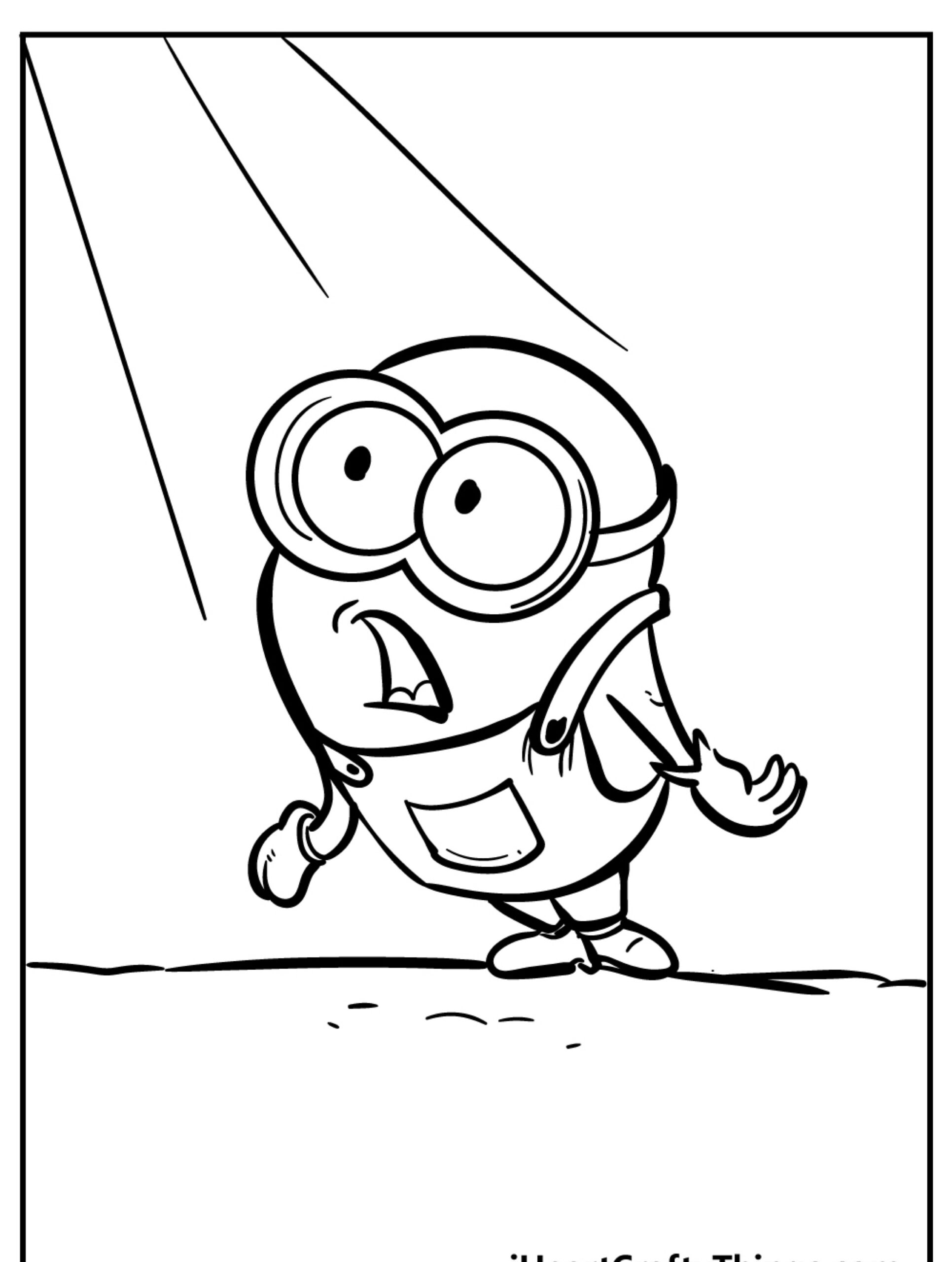 Um minion de desenho animado parecendo surpreso sob um feixe de luz, em um desenho em preto e branco, perfeito para colorir. Para colorir.