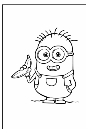 Um Minion usando óculos segura uma banana e sorri. O personagem, vestido com macacão, está em um fundo simples, perfeito para atividades de Para Colorir. Para colorir.