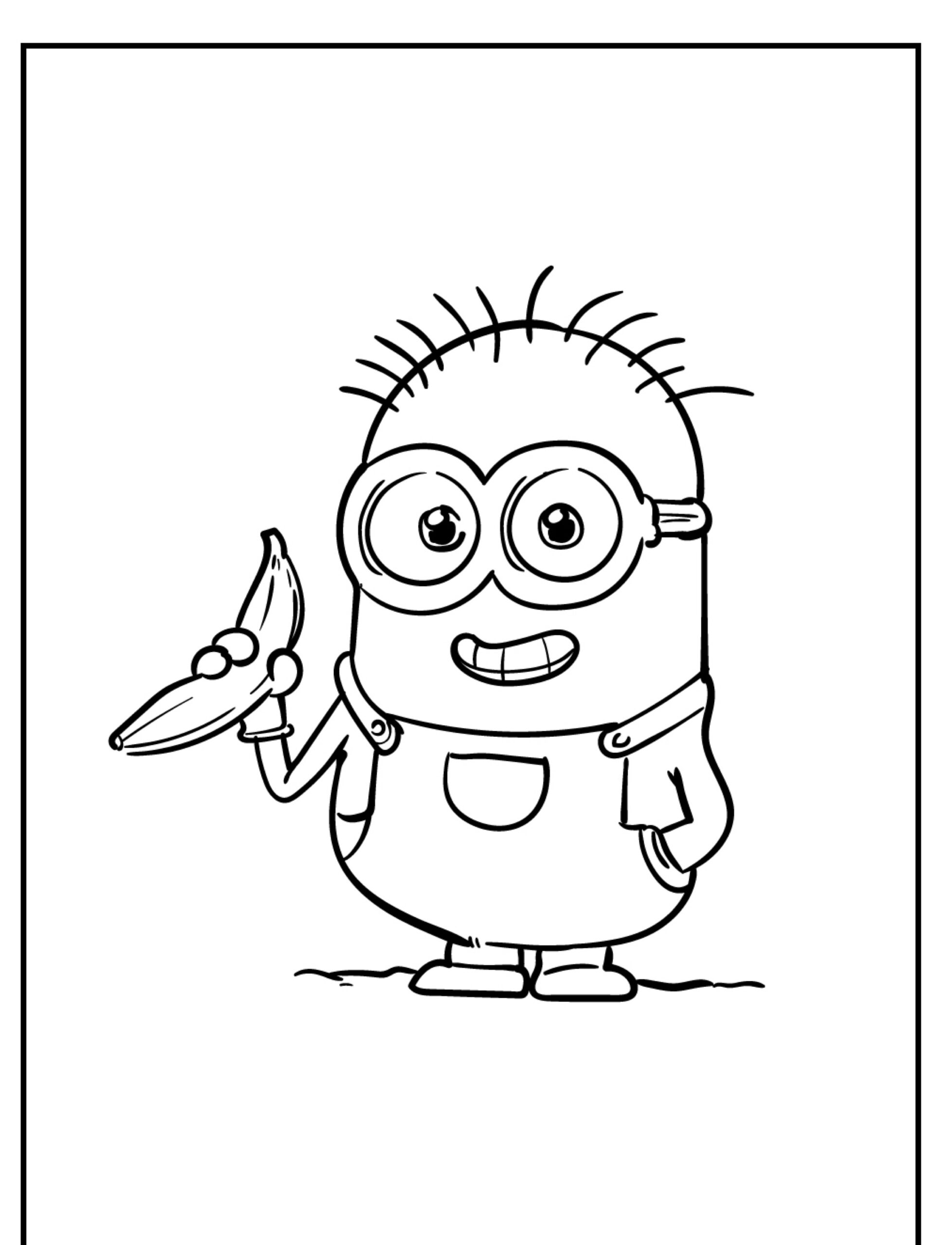 Um Minion usando óculos segura uma banana e sorri. O personagem, vestido com macacão, está em um fundo simples, perfeito para atividades de Para Colorir. Para colorir.