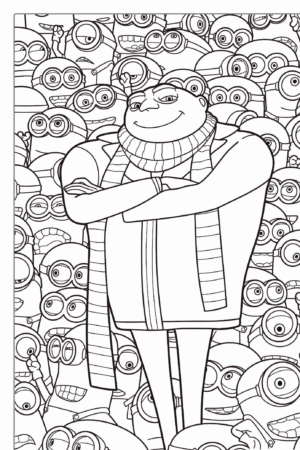 Um personagem grande com um cachecol está confiantemente em meio a muitos personagens menores com óculos, lembrando Minions. Todos estão sorrindo. Desenho para colorir.Para colorir.