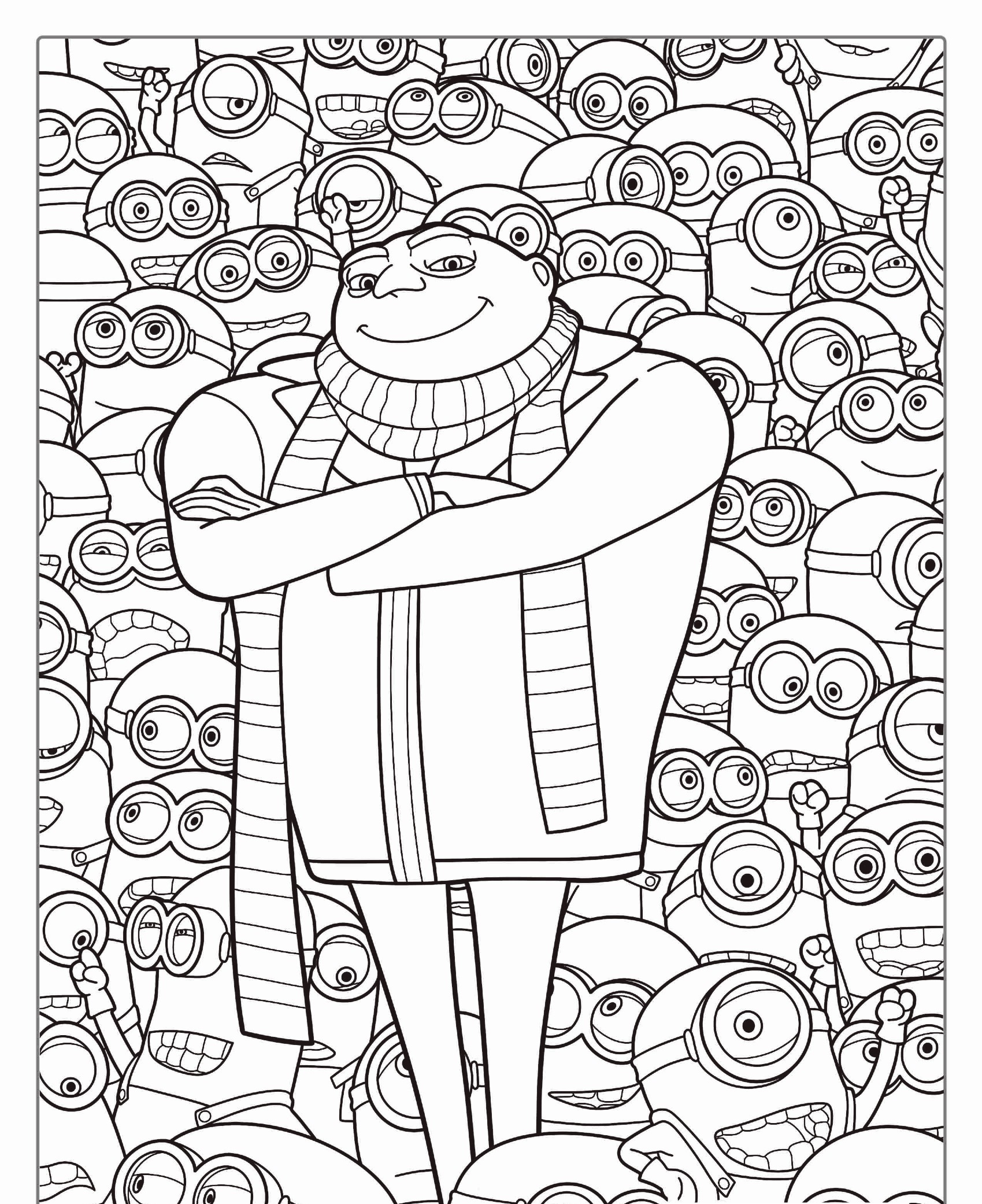 Um personagem grande com um cachecol está confiantemente em meio a muitos personagens menores com óculos, lembrando Minions. Todos estão sorrindo. Desenho para colorir.Para colorir.