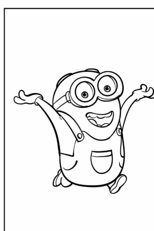 Um Minion alegre com óculos e macacão está pulando com os braços levantados, sorrindo amplamente nesta linha de desenho em preto e branco, perfeita para colorir. Para colorir.