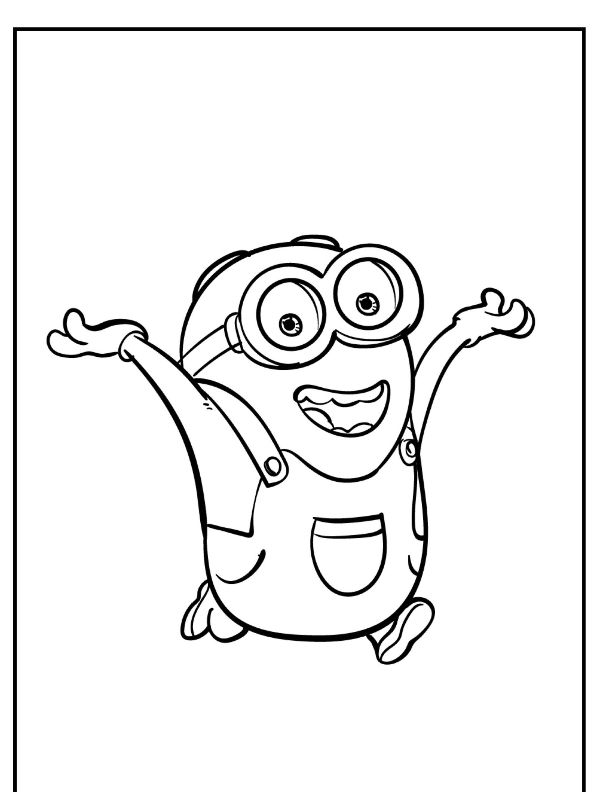 Um Minion alegre com óculos e macacão está pulando com os braços levantados, sorrindo amplamente nesta linha de desenho em preto e branco, perfeita para colorir. Para colorir.