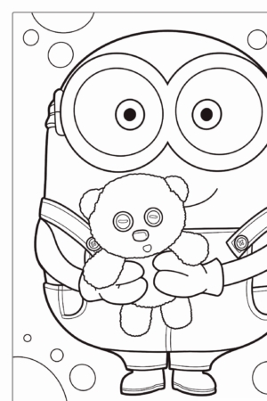 Um desenho animado Minion com óculos segurando um ursinho de pelúcia, rodeado de círculos no fundo, é perfeito para colorir. Para colorir.