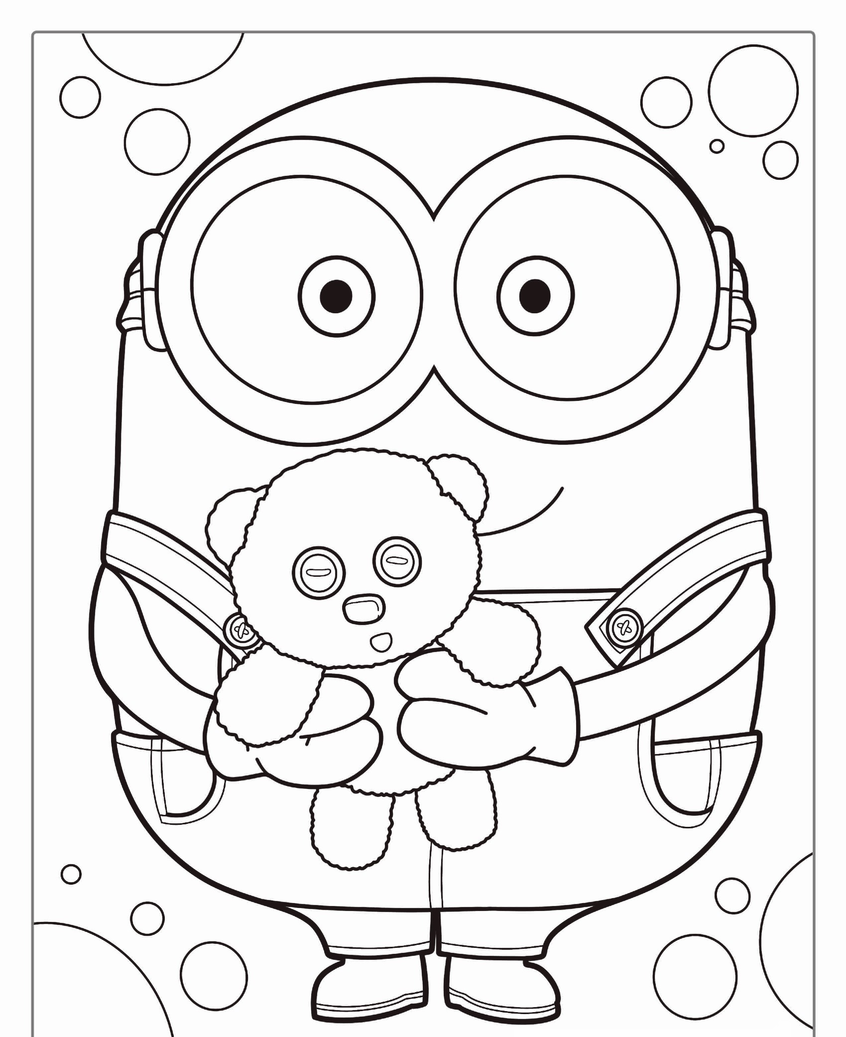 Um desenho animado Minion com óculos segurando um ursinho de pelúcia, rodeado de círculos no fundo, é perfeito para colorir. Para colorir.