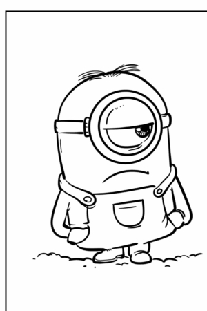 Desenho em preto e branco de um Minion com um olho, usando macacão, parecendo um pouco triste com uma pequena carranca. Perfeito para quem gosta de desenho ou colorir, esta ilustração simples, mas expressiva, de Minion captura um toque de melancolia. Para colorir.