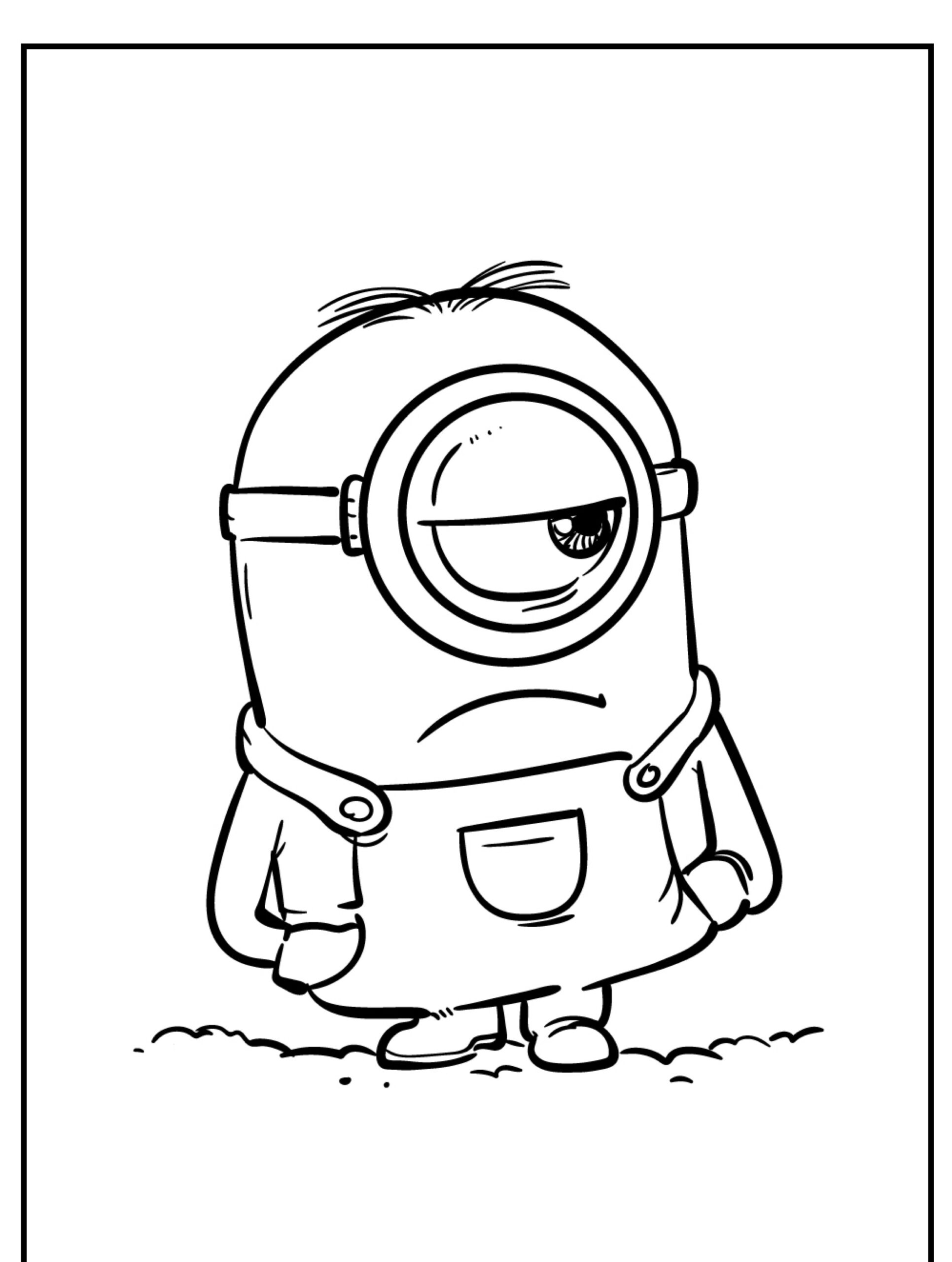 Desenho em preto e branco de um Minion com um olho, usando macacão, parecendo um pouco triste com uma pequena carranca. Perfeito para quem gosta de desenho ou colorir, esta ilustração simples, mas expressiva, de Minion captura um toque de melancolia. Para colorir.