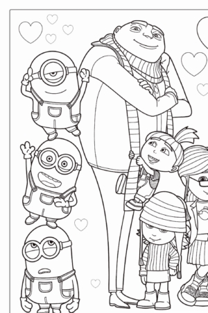 Um grupo de personagens animados, incluindo um homem alto, três crianças e três pequenas criaturas parecidas com Minions, com formatos de coração ao fundo. Para colorir.