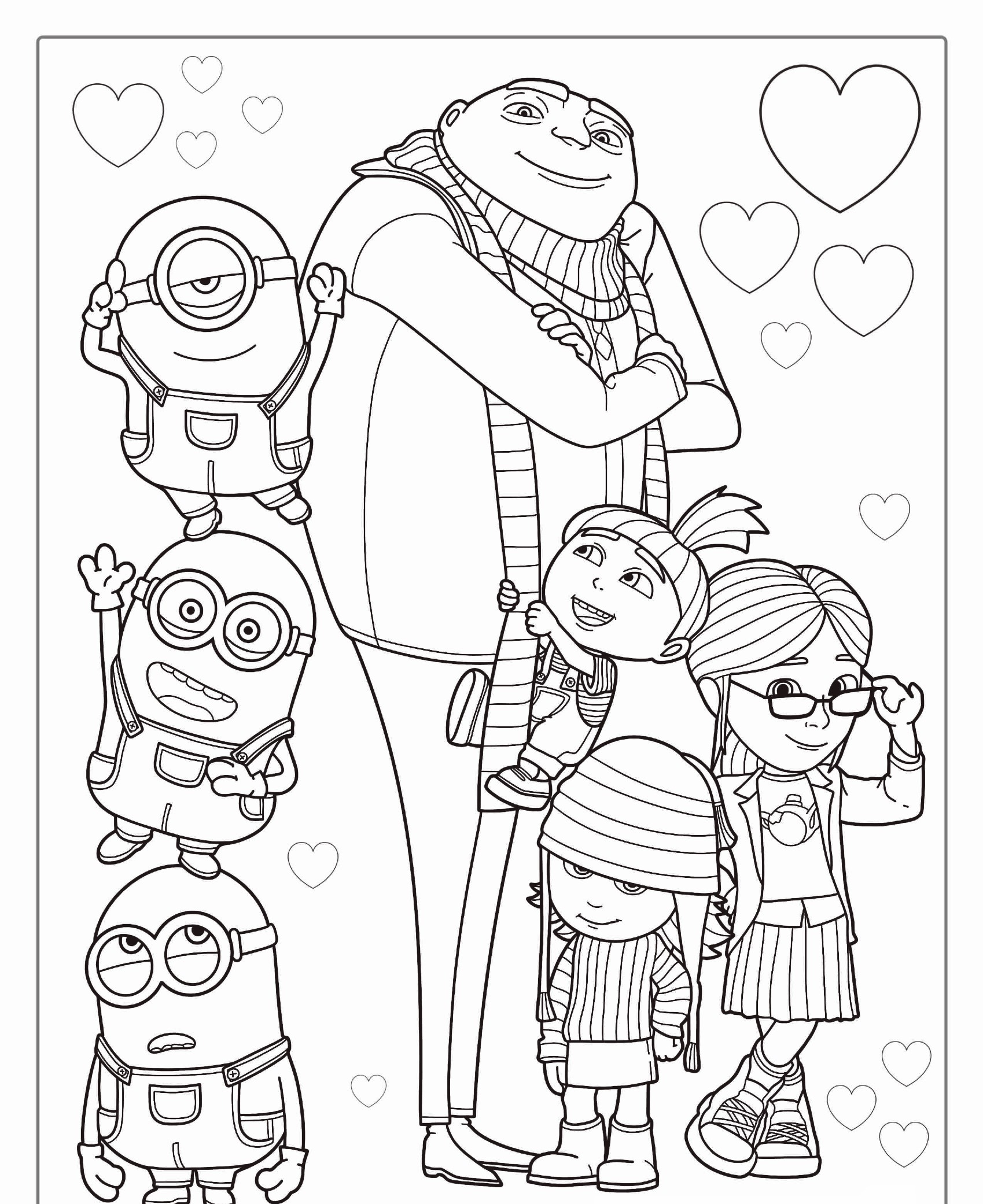 Um grupo de personagens animados, incluindo um homem alto, três crianças e três pequenas criaturas parecidas com Minions, com formatos de coração ao fundo. Para colorir.