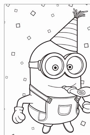 Um Minion de desenho animado usando um chapéu de festa e óculos, soprando um apito de festa em meio a confetes, perfeito para colorir. Para colorir.