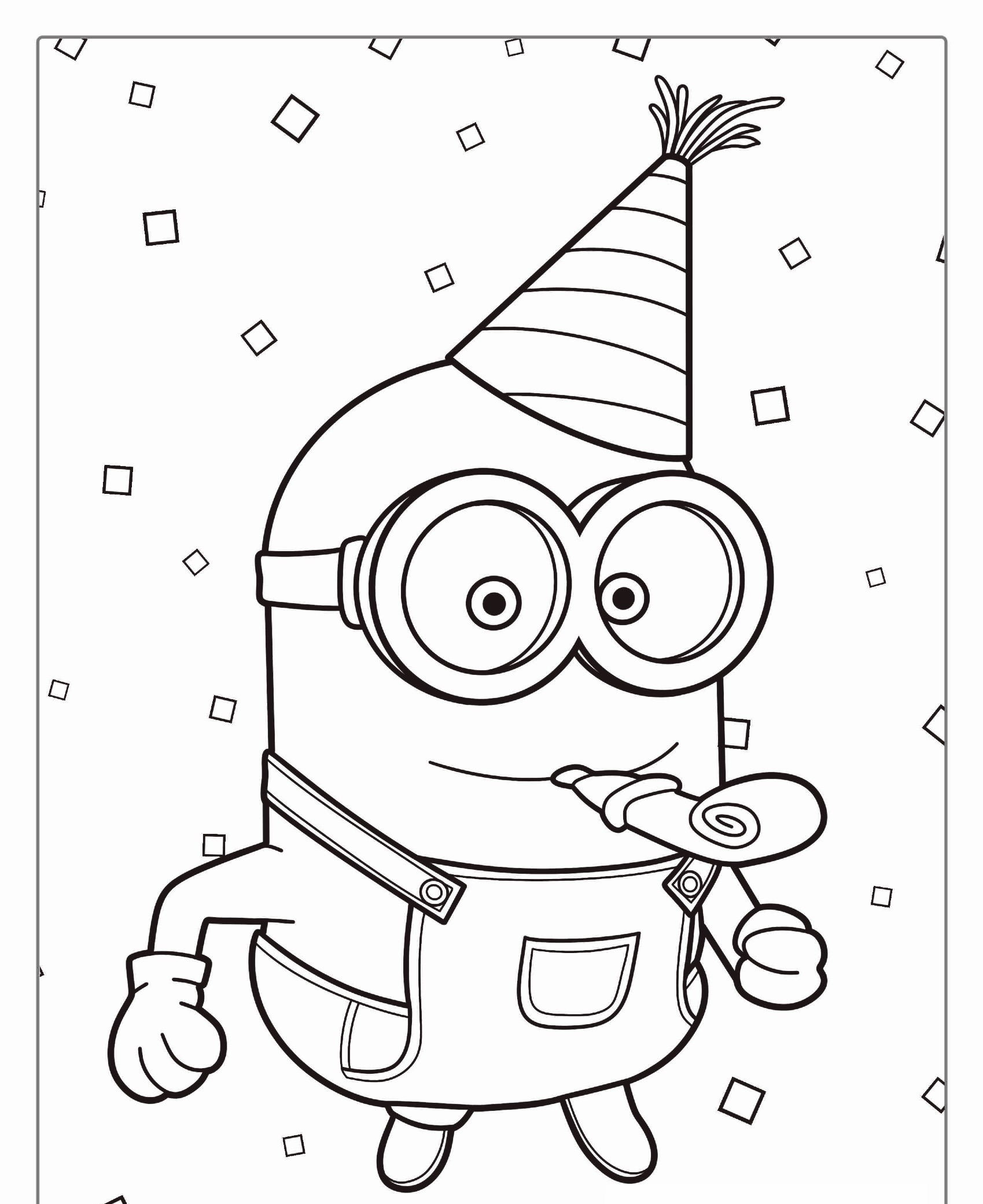 Um Minion de desenho animado usando um chapéu de festa e óculos, soprando um apito de festa em meio a confetes, perfeito para colorir. Para colorir.