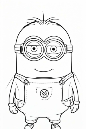 Desenho em preto e branco de um Minion vestindo macacão e óculos de proteção, de pé e sorrindo com as mãos ao lado do corpo, perfeito para colorir. Para colorir.