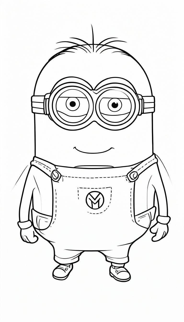 Desenho em preto e branco de um Minion vestindo macacão e óculos de proteção, de pé e sorrindo com as mãos ao lado do corpo, perfeito para colorir. Para colorir.