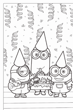 Três Minions de desenho animado com chapéus de festa, um deles segurando um bolo, cercados por serpentinas. É uma cena festiva perfeita para qualquer atividade de Desenho ou Para Colorir. Para colorir.