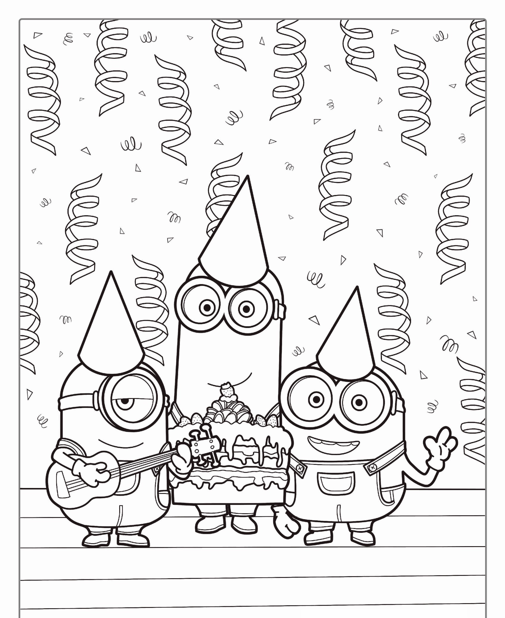 Três Minions de desenho animado com chapéus de festa, um deles segurando um bolo, cercados por serpentinas. É uma cena festiva perfeita para qualquer atividade de Desenho ou Para Colorir. Para colorir.