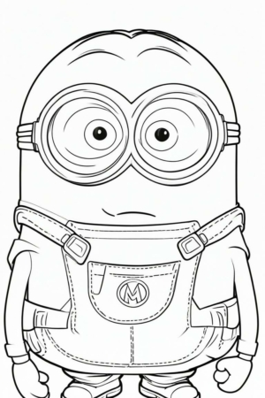 Desenho em preto e branco de um Minion usando óculos e macacão, de pé com uma expressão neutra, perfeito para colorir. Para colorir.