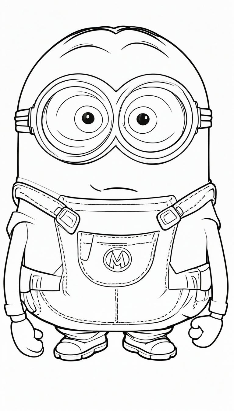 Desenho em preto e branco de um Minion usando óculos e macacão, de pé com uma expressão neutra, perfeito para colorir. Para colorir.