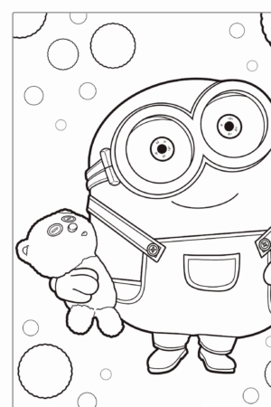 Um Minion segurando um ursinho de pelúcia, em pé na frente de um fundo com bolhas de vários tamanhos, perfeito para Desenho Para Colorir. Para colorir.