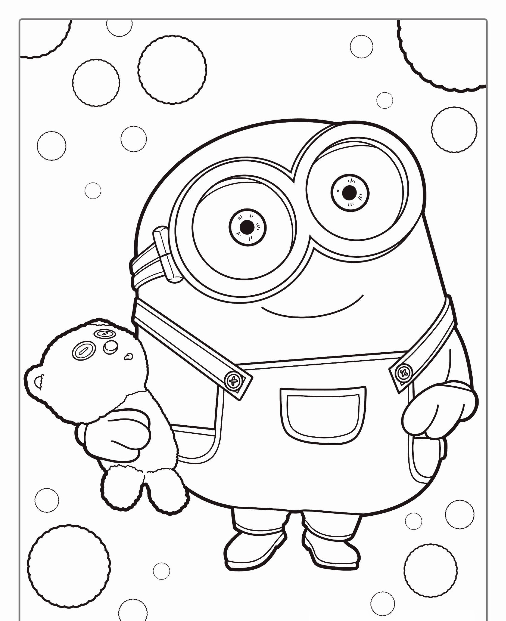 Um Minion segurando um ursinho de pelúcia, em pé na frente de um fundo com bolhas de vários tamanhos, perfeito para Desenho Para Colorir. Para colorir.