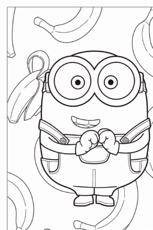 Um Minion do filme "Meu Malvado Favorito" está sorrindo com as mãos entrelaçadas, cercado por bananas em um fundo estampado, perfeito para qualquer atividade de "colorir". Para colorir.