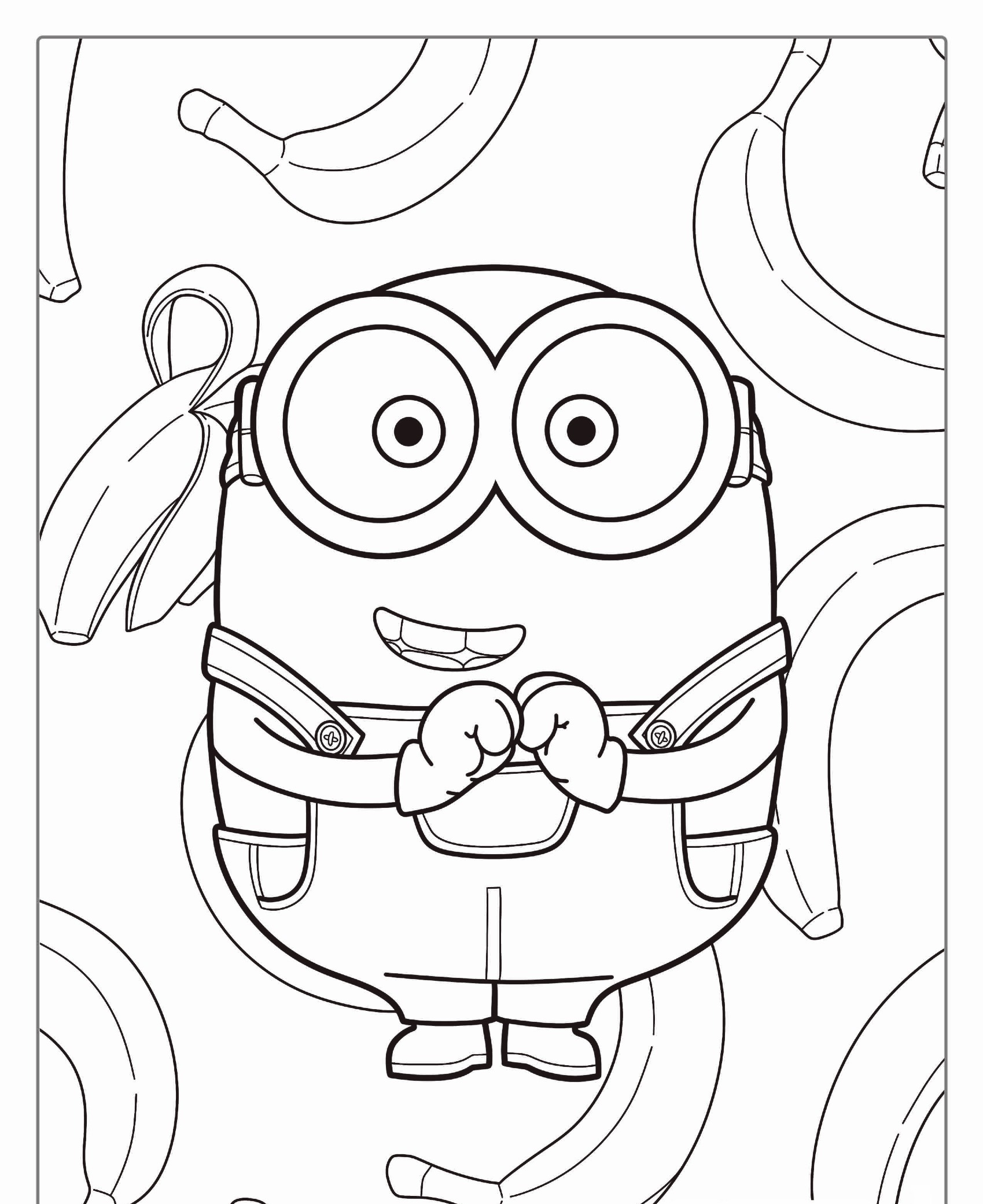 Um Minion do filme "Meu Malvado Favorito" está sorrindo com as mãos entrelaçadas, cercado por bananas em um fundo estampado, perfeito para qualquer atividade de "colorir". Para colorir.