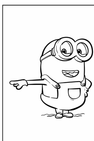 Um Minion de "Meu Malvado Favorito" sorrindo e apontando para a esquerda, vestindo macacão e óculos de proteção, perfeito para um desenho para colorir. Para colorir.