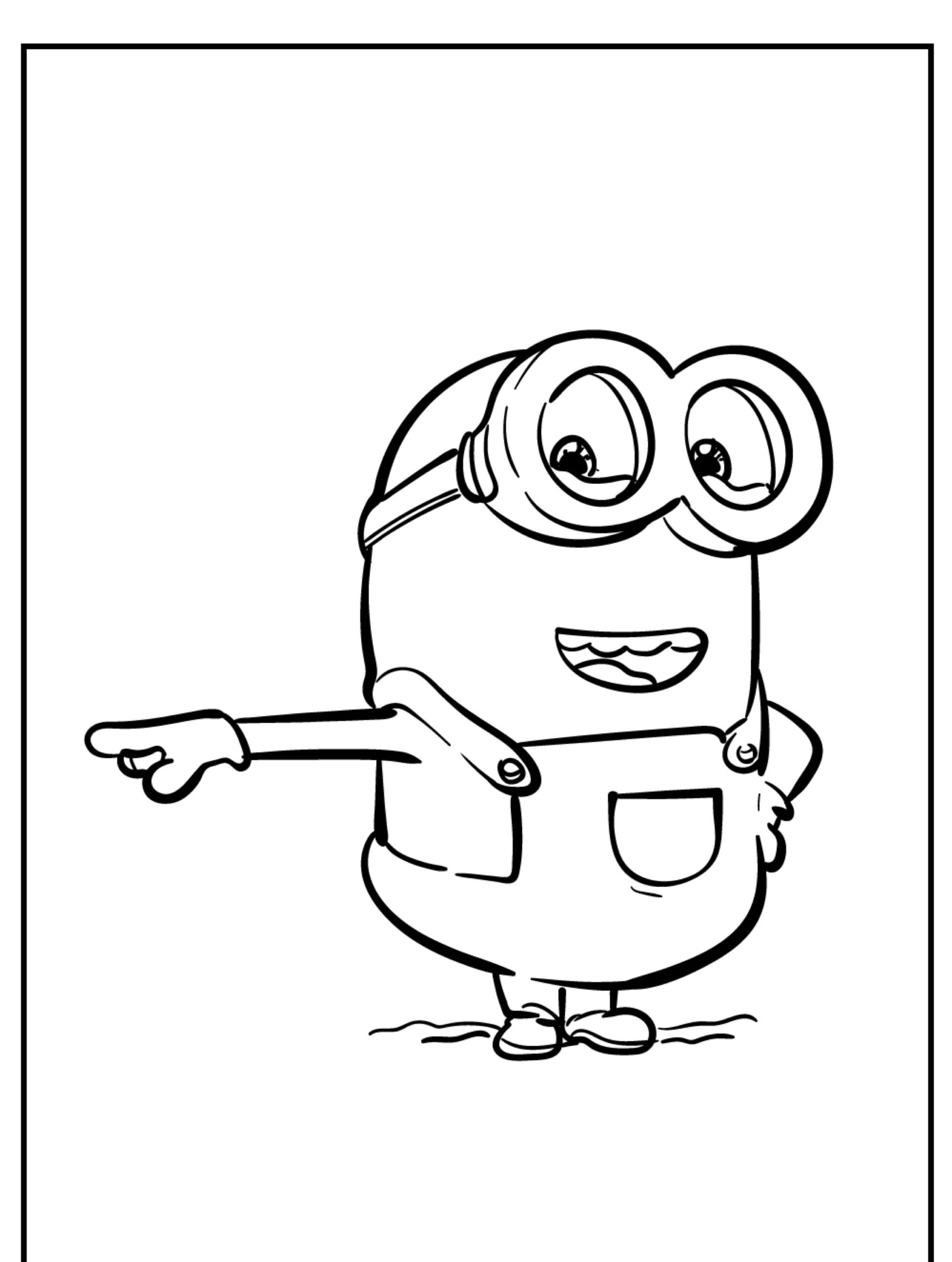 Um Minion de "Meu Malvado Favorito" sorrindo e apontando para a esquerda, vestindo macacão e óculos de proteção, perfeito para um desenho para colorir. Para colorir.