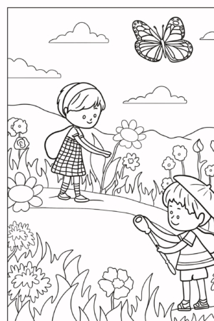 Duas crianças brincando em um campo de flores sob um céu com nuvens, com uma borboleta voando acima delas, criando cenários perfeitos para desenho de menina para colorir.