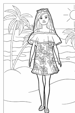 A menina, vestida com um vestido floral e óculos de sol, está na praia com palmeiras e o sol ao fundo, parecendo saída de um daqueles lindos desenhos para colorir.