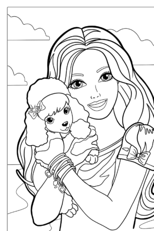 A menina sorrindo e segurando um cachorrinho com um laço no pelo; nuvens ao fundo. Imagem em estilo de livro para colorir.