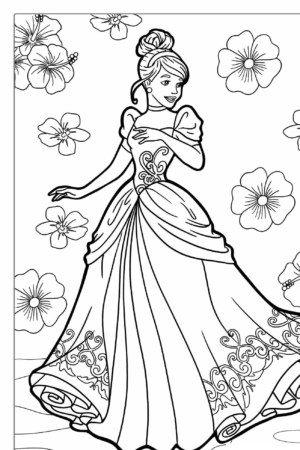 Uma princesa em um vestido elegante dança com flores ao fundo nesta página para colorir de desenho para menina.