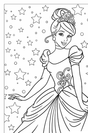 Uma princesa em um vestido de baile com estrelas ao fundo, tudo apresentado em um estilo de livro de colorir encantador. Desenhos para Menina como este tornam divertido colorir e dão vida à cena caprichosa.