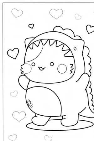 Um personagem fofo fantasiado de dinossauro com corações flutuando, perfeito para desenhos para menina e colorir.